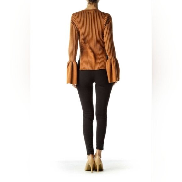 Few Moda Ribbed Bell Sleeve Brown Sweater Blouse - Picture 3 of 10